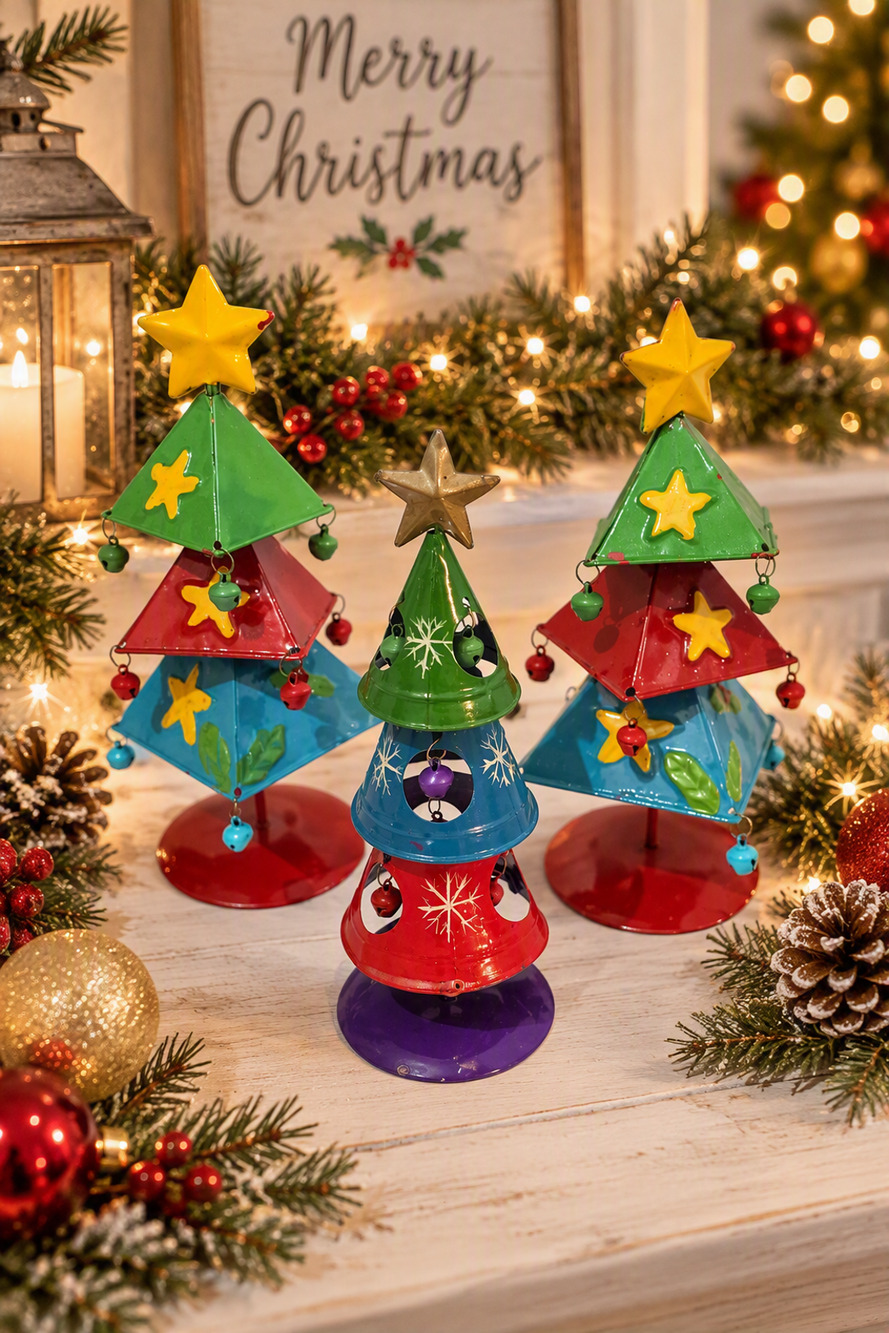 Set of 3 Metal Geometric 8 1/2" Christmas Tree Whimsical Tabletop Decorative
